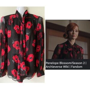 Kate Spade LONG-SLEEVE TIE-NECK POPPY CHIFFON SILK BLOUSE Black Red lined